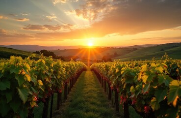 Naklejka premium Golden sunset illuminates vineyard pathway stretching into rolling hills. Rows of grapevines laden with ripe fruit create vibrant scene in rural landscape. Warm light reflects off leaves,