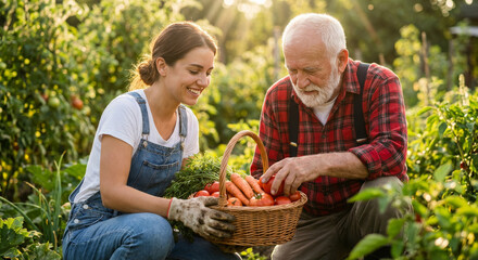 Woman and an older man are looking at a basket of vegetables