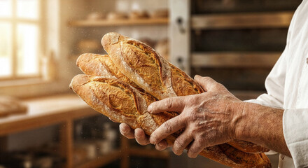 The baker is holding French baguettes.