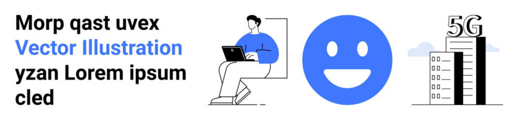 Digital communication, 5G networks, remote working, modern technology, online connectivity, global communication. A person on a laptop, a smiling emotion and a 5G building graphic. Digital