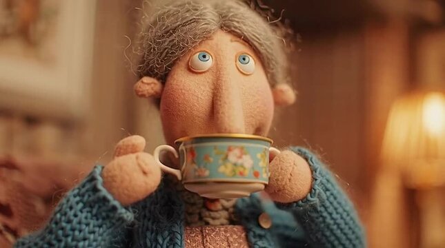 A friendly aunt figure serving tea in a warmly lit living room. Practical lamps create soft highlights and a cozy interior feel