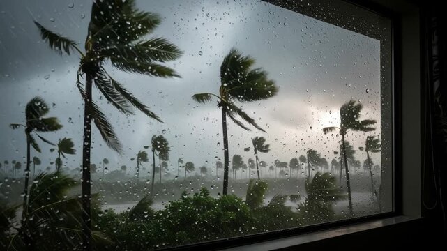 Palm trees bend in the strong winds of a hurricane as seen through a rain-streaked window.