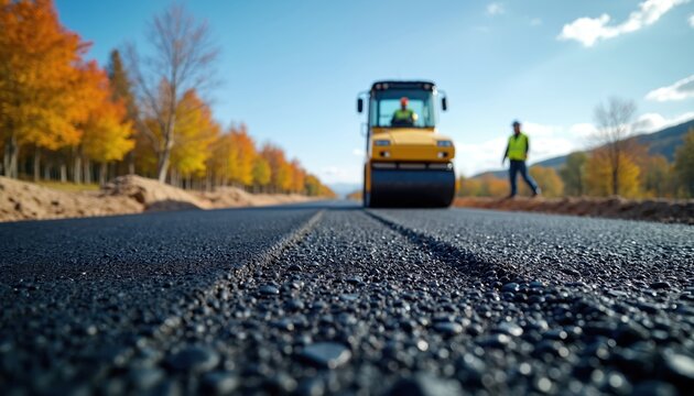 Asphalt roller compacts new road surface in autumn. Construction workers on site. Road building in progress at the highway. Autumn landscape with colorful trees background.