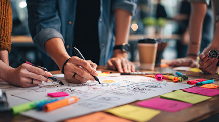 Creative team gathered around clean studio table AI generative