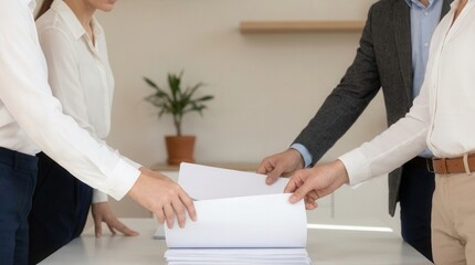 Business professionals collaborating on important paperwork in a modern office setting