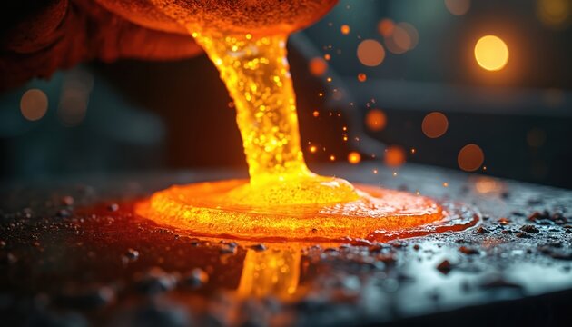 Molten liquid metal pours from crucible onto surface creating bright orange glowing puddle. Sparks fly around glowing material during industrial production in workshop.