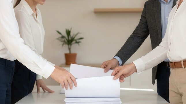 Business professionals collaborating on important paperwork in a modern office setting