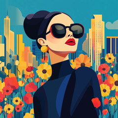 A stylish woman in large black sunglasses stands among vibrant flowers with a modern city skyline behind her, created in a bold pop-art illustration style
