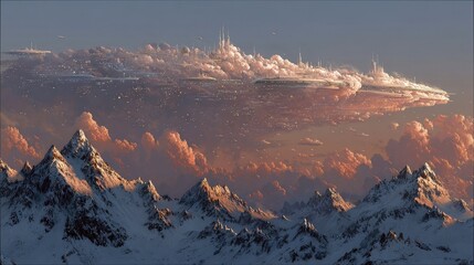 Futuristic City Floating Above Snowy Mountains at Sunset