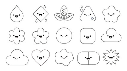 Fototapeta premium Collection of cute, smiling geometric shapes and icons with simple faces.