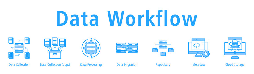 Data Workflow web banner icon vector illustration with icons of Data Collection, Data Collection, Data Processing, Data Migration, Repository, Metadata and Cloud Storage.