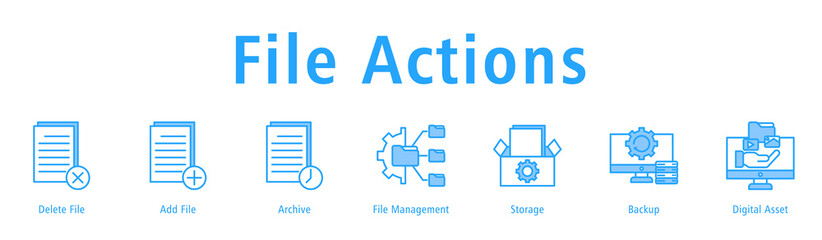 File Actions web banner icon vector illustration with icons of Delete File, Add File, Archive, File Management, Storage, Backup and Digital Asset.