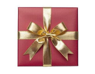 Red gift box, gold ribbon and bow, aerial view