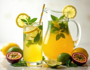Fototapeta premium Fresh lemonade with lemon slices, mint leaves and ice in tall glass. Pitcher of yellow citrus drink with passion fruit, limes and lemons nearby.