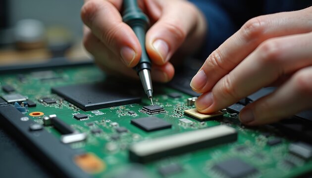Close up photo shows hands of tech expert soldering circuit board. Technician repairs computer equipment. Electronic devices maintenance process. Computer hardware technology concept. Pro digital