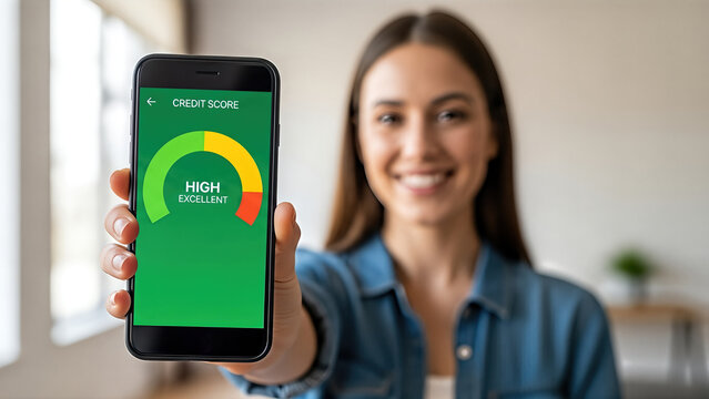 Young woman with smartphone displaying credit score, showcasing high rating in green, representing financial health and responsible credit management, with bright indoor background