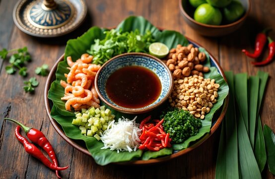 Colorful Thai appetizer Miang Kham displayed on large banana leaf. Fresh ingredients include shrimp peanuts lime chili and sweet sauce. Traditional Southeast Asian snack perfect for culinary content.