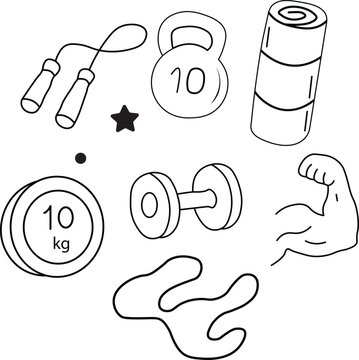 Hand drawn outline doodle set of gym and fitness equipment workout icons collection for fitness exercise and health illustrations