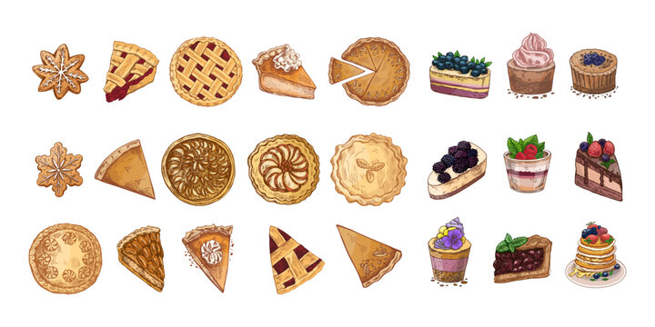 Hand drawn vintage collection of colorful festive pies, cheesecake slices, cupcakes and sweet desserts for holiday design - Powered by Adobe