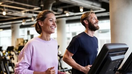 A man and woman jog indoors on modern treadmills surrounded by bright gym lights capturing teamwork endurance and joyful exercise for sports club promotion wellness coaching and energetic lifestyle vi