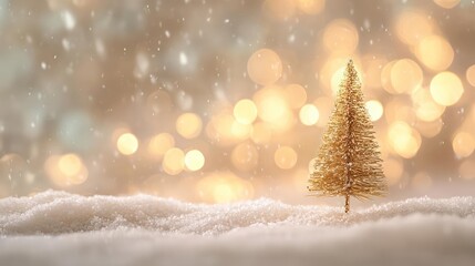 Golden christmas tree standing tall in soft snow with sparkling bokeh lights and falling snowflakes