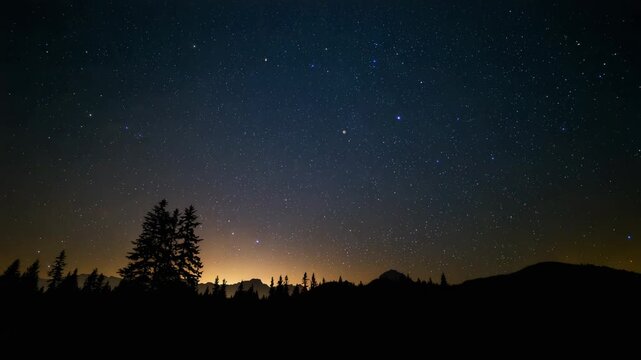 Recording camera filming pines at ridge, showing stars shifting and horizon glow growing for dawn