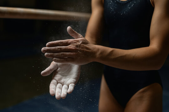 Gymnast's chalked hands: A gymnast meticulously applies chalk to their hands, preparing for a challenging routine, demonstrating focus and dedication.