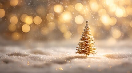 Magical miniature golden christmas tree sparkling with warm bokeh lights and falling snow on a soft snowy surface