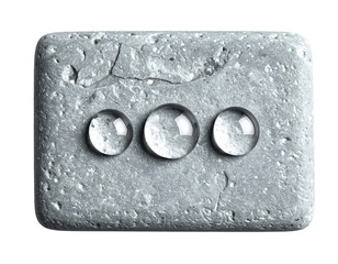 Three clear water drops sit on gray stone rectangle