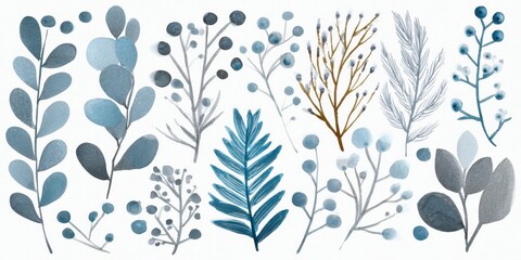 Watercolor Botanical Illustration of Various Leafy Sprigs and Berries in Shades of Blue and Brown