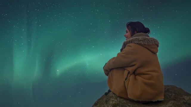 Watching woman turning head and straightening on rock as aurora brightens, in tan parka, copy space