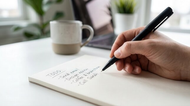 Focused hand writing daily tasks on a notebook to-do list for efficient work planning and personal