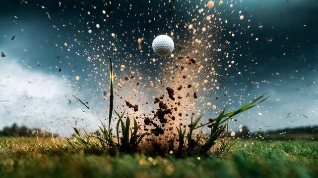 A golf ball blasts from a patch of grass throwing dirt and droplets into the air under a moody sky capturing power precision impact and competitive drama for sports branding high energy promos and tra