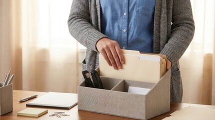 Person organizing file folders in a desktop organizer on a wooden desk symbolizing efficient