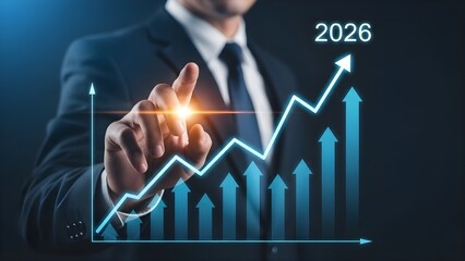 Business growth projection to 2026 with businessman touching rising graph