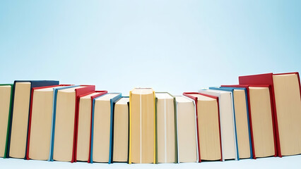 Colorful collection of books standing side by side, perfect for back to school projects, studying inspiration, or library promotion, knowledge is power