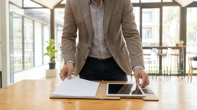 Professional businessman arranging important documents and digital tablet on wooden desk in modern