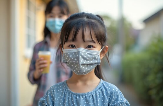 Young asian girl wearing polka dot fabric face mask outdoors. Older sister holds drink, also masked. New normal life after covid pandemic. Kids safety measures.