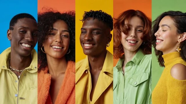 Happy diverse friends laughing together in colorful studio collage on warm orange background ideal concept for community projects inclusive marketing youth culture campaigns and stories abou