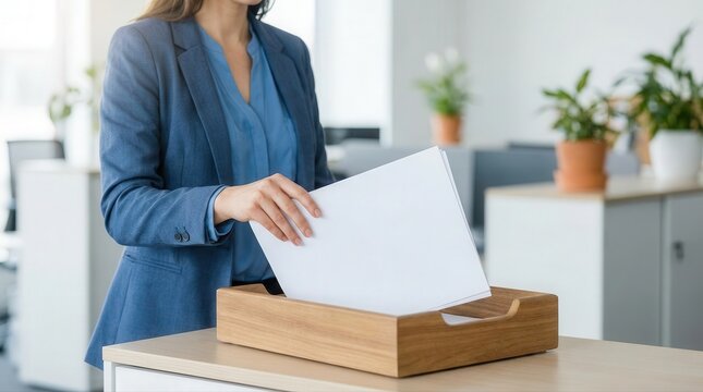 Professional businesswoman organizing important paperwork in a modern office environment