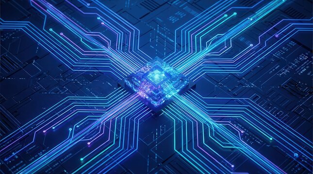 Futuristic glowing microchip on circuit board with neon blue lines illustrating data flow and