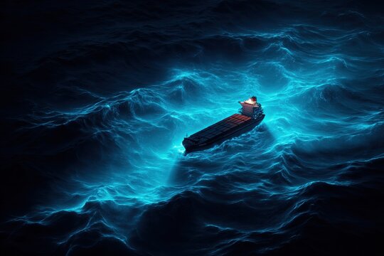Cargo Ship Sailing Through Bioluminescent Ocean Waves Illuminated by Blue Light at Night - Powered by Adobe