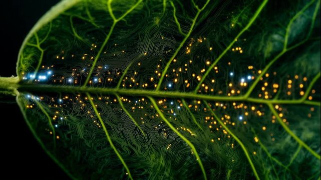 Macro view of green leaf with glowing network of lights illustrating connection between nature and technology suitable for themes of sustainability bioengineering smart agriculture and innov