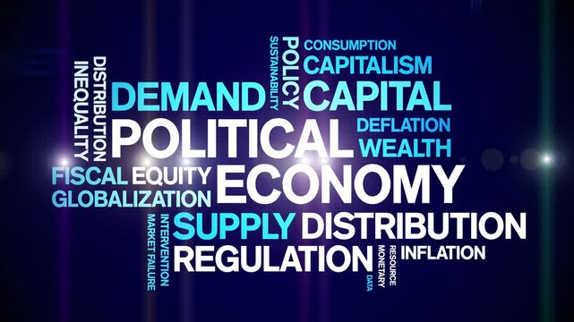 Political Economy animated word cloud-text design animation tag kinetic typography seamless loop.