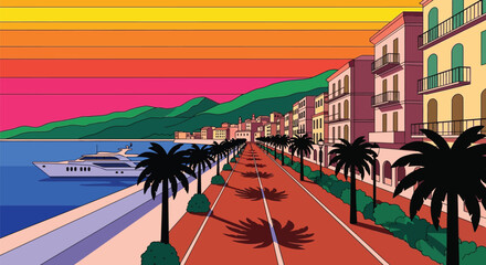 Vibrant coastal promenade lined with palm trees and Mediterranean buildings under a colorful sunset sky.
