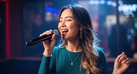 Asian Woman singing into microphone with eyes closed in a bar. Live music performance on stage. Entertainment and karaoke night concept.
