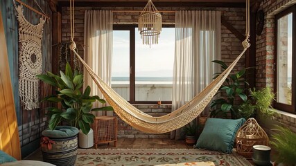 Swaying hammock shifting in coastal sunroom, breeze entering window moving surfboards and curtains - Powered by Adobe