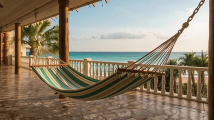 Swaying striped hammock shifting gently on covered beachfront veranda from light breeze, with towel - Powered by Adobe