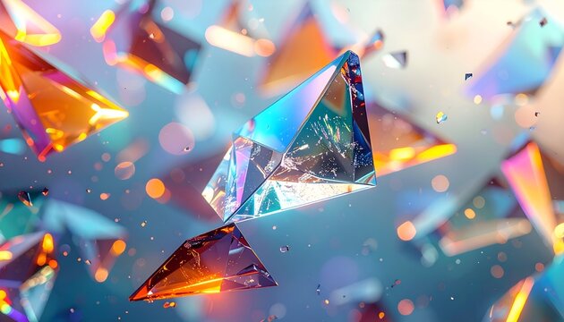 Floating, refracting geometric shapes with vibrant hues, bokeh, and depth of field