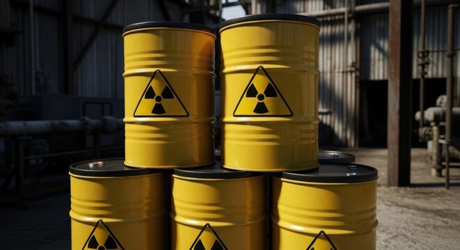 Stack of yellow barrels with radioactive waste symbol. Nuclear energy and danger concept. Industrial waste storage and environmental hazard. - Powered by Adobe